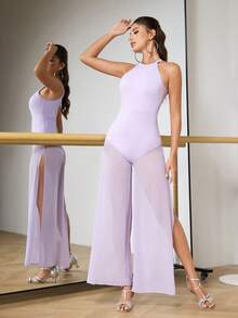 Menodora SHEIN Sport 女士纯色露背网纱开衩修身日常舞蹈连体裤 - 淡紫色 - 查看 6