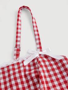 SHEIN MOD 大码红白格纹拼接蕾丝边 A 字形吊带背心上衣配蝴蝶结夏季 - 紅白色 - 查看 3