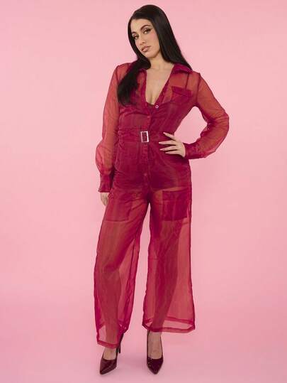 OverBlushhh Women's Sheer Burgundy Organza Wide Leg Jumpsuit With Inner Short Lining, Button Front, Cargo Pocket, Belted Waist, Sexy, Sportwear, Party, Date, Valentine's Day, Valentine, Birthday, Spring
