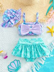 SHEIN 女婴可爱夏季美人鱼印花休闲针织蝴蝶结拼接撞色比基尼套装，含泳帽 - 紫色 - 查看 1