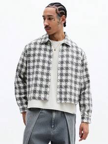 SUMWON Men's Long Sleeve Crop Fit Houndstooth Overshirt Button Front Collared Classic Pattern Statement Piece Casual Formal Outerwear Fall Winter - Light Grey - View 1