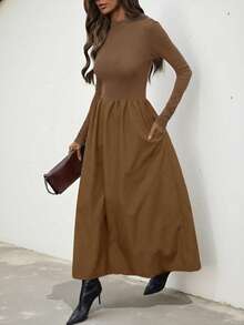 Aveloria Modichic 优雅简约拼接收腰长袖秋季长连衣裙，女士连衣裙，优雅 - 青檸色 - 查看 1