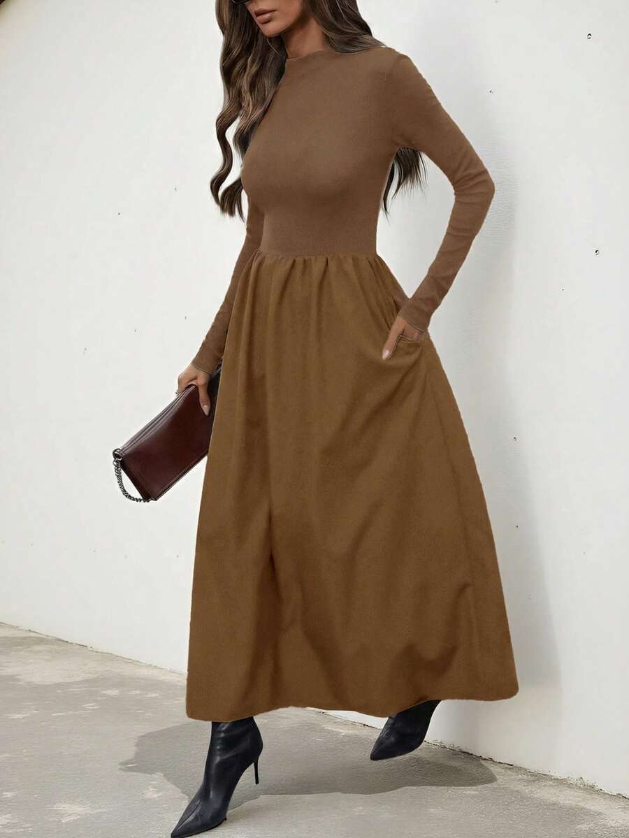 Aveloria Modichic 优雅简约拼接收腰长袖秋季长连衣裙，女士连衣裙，优雅 - 青檸色 - 查看 1