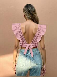 SHEIN Frenchy 女士纯色露背蝴蝶结衬衫 - 粉色 - 查看 3