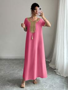 Rafferiza 女士金色撞色荷叶边短袖连衣裙 - 粉色 - 查看 6