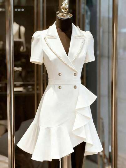Franclia 高端白色缎面领珍珠装饰双排扣连衣裙，法式复古泡泡袖收腰荷叶边鱼尾裙，通勤、约会、晚宴礼服，优雅修身白色正式连衣裙