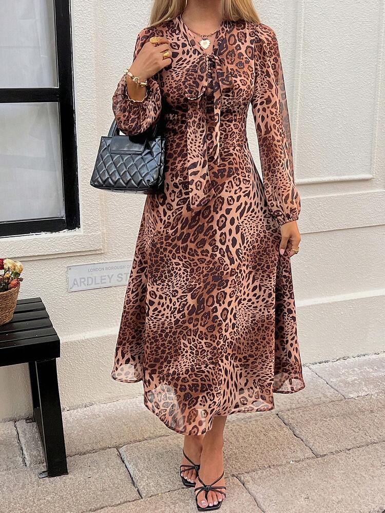 Women's V-Neck Leopard Print Twist Waist Elegant Long Dress, Suitable For Party And Gathering Sundress