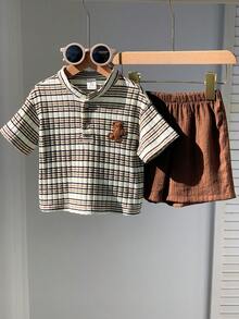 SHEIN 2pcs Baby Boy Summer Cute Casual Striped Collar Short Sleeve Shirt And Elastic Waist Shorts Set, Suitable For Birthday Party, Rave, Evening Party, Performance, Wedding, Baby Shower And 1st Birthday Celebration Brown Toddler Boy Outfit Boys Vacation Outfit Sets Boy Summer Outfit Set - Multicolor - View 3