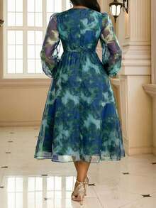 Fleurora 大码女士优雅印花长袖连衣裙 - 綠色 - 查看 3