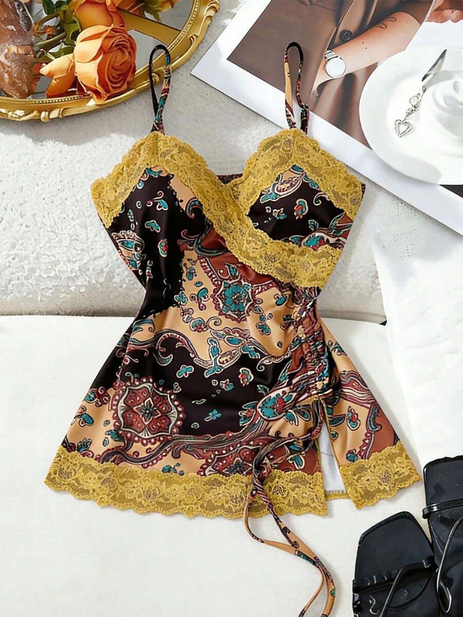 Sweetra Áo hai dây mùa hè màu vàng nắng in họa tiết, phong cách bohemian thời thượng, phối ren cùng màu, mang đến vẻ lãng mạn. - Nhiều màu - Xem 1