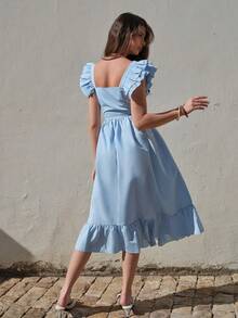 CasuGlow Robe mi-longue bleue - avec des manches volantées douces, un buste ajusté, une taille haute, un ourlet évasé, une fente latérale élégante - Bleu azur - Voir 3