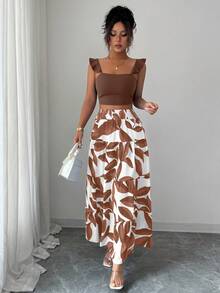 Elenzga 女士荷叶边吊带露背短款上衣和印花喇叭裙两件套 - 棕色 - 查看 3