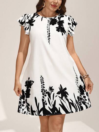 SHEIN LUNE Plus Size Elegant Floral Print Round Neck Ruffle Sleeve Knee-Length Dress For Women,Black And White Summer Casual Formal Tea Party Vacation Evening