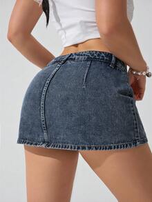 ICON Falda corta de mezclilla de unicolor con presillas para cinturón, moda de verano para mujer - Azul lavado medio 2 - Ver 8