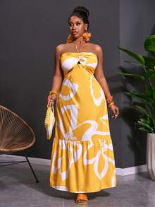 Veslaya 2026 SpringSummer Plus Size Women's Yellow Halter Hollow Back Cinched A-Line Maxi Dress, Boho Vacation Holiday Beach Resort Party Wedding Guest Gala - Multicolor - View 4
