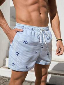 VIVINTIMO 男士抽绳腰部内置内衬轻质四向拉伸锚印花泳裤，适合从健身房到街头、冲浪后聚会、海滩度假，蓝白相间的梭织面料无弹力内衬沙滩短裤，夏威夷风情 - 藍白色 - 查看 1