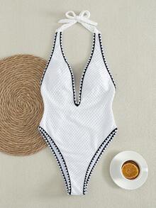 Bonvoyette Women's Deep V-Neck Backless One-Piece Swimsuit, Suitable For Beach & Holiday, Spring/Summer - White - View 7