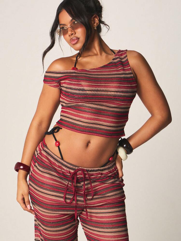 MISSGUIDED Striped Knit Asymmetric Off-Shoulder Top For Beach Vacation Summer Lounge