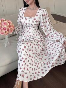 DAZY Women's Elegant Floral Print Square Neck Mid-Length Dress, Spring/Summer Wedding Guest Dress - Pink - View 3