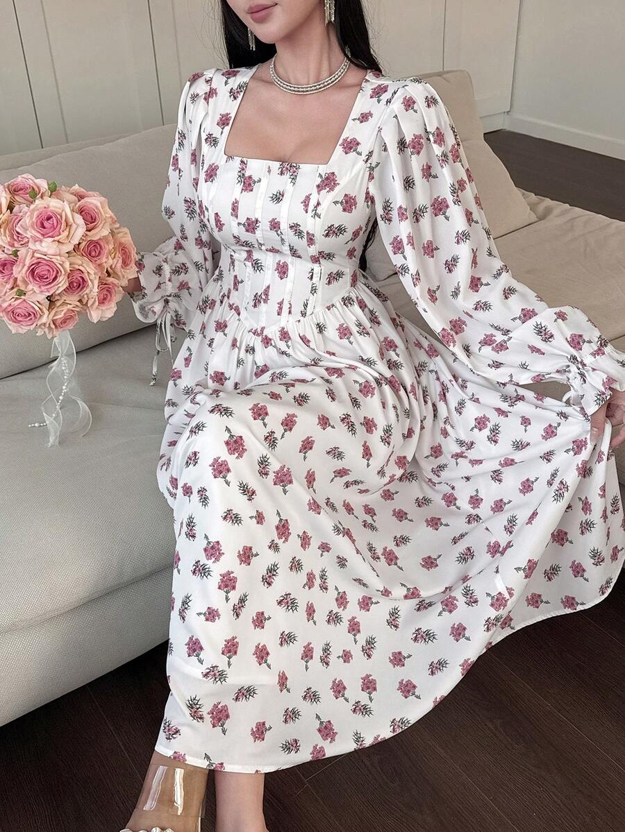 DAZY 女士优雅印花方领中长连衣裙，春夏婚礼宾客礼服 - 粉色 - 查看 1