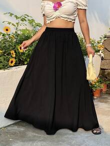 SHEIN EZwear 大码纯色简约休闲半身裙 - 黑色 - 查看 2