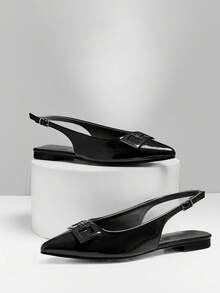 SHUZIA 女士尖头方扣亮面漆皮黑色露跟平底鞋 – 柔软舒适的鞋垫，精致光泽，轻松打造日常造型 - 黑色 - 查看 5