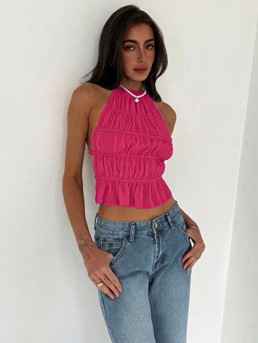 Aloruh Women's Adjustable Halter Tie Ruched Layered Semi-Sheer Romantic Date Cropped Camisole - Hot Pink - View 1