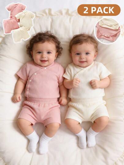 SHEIN 2pcs Baby Girl Newborn Cute Jacquard Knit Romper + Shorts Summer Outfit Set