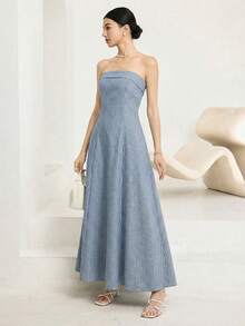 Heiryn 女士条纹抹胸连衣裙，优雅夏季长裙 - 藏蓝色 - 查看 3