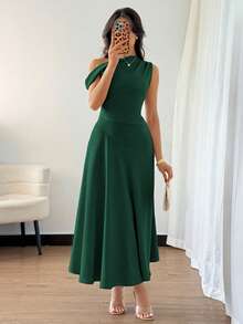 SHEIN Elenzya Women's Elegant Chiffon Asymmetric Ruffle Collar Dress, Fashionable And Graceful For Summer Occasions Like Graduation, Independence Day, Date, Vacation - Dark Green - View 4