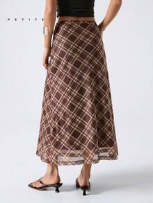 LYSMO Petite 2026新款极简主义春夏女式棕色休闲格纹网纱长裙，适合外出穿着，街头休闲风 - 咖啡棕 - 查看 2