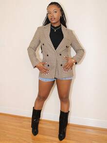 Steph T 格子翻领双排扣西装外套 - 卡其色 - 查看 4