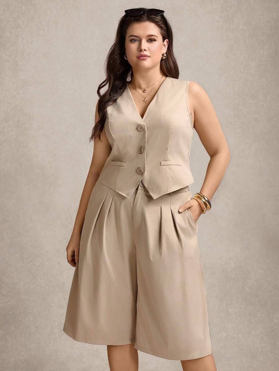 Zelara Bộ đồ nữ cỡ lớn màu trơn gồm áo vest một hàng cúc và quần short Bermuda xếp ly có túi, kiểu dáng thường ngày. - Màu Khaki - Xem 1