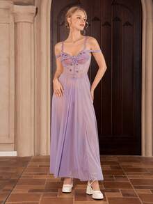 Myrelith 2pcs Set Romantic Lace Contrast Color Water-Soluble Flower Decor Bodycon Long Mesh Slip Dress, Palace Style - Mauve Purple - View 4