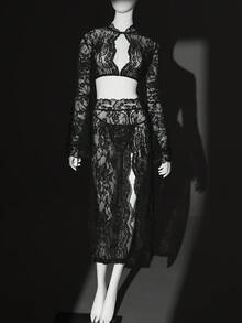 3件套女士性感蕾丝喇叭袖开衩长款连衣裙套装 - 黑色 - 查看 6