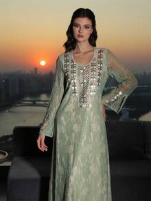 SHEIN Najma Luxurious Embroidered Beaded Loose Fit Party Maxi Dress, Turkish & Arabic Traditional Style - Green - View 3
