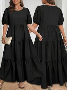 Vionelle 大码女式法式休闲优雅圆领短袖连衣裙 - 黑色 - 查看 3