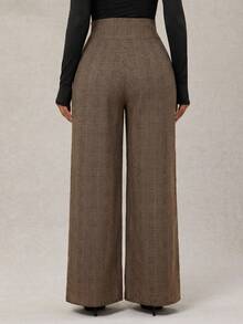 Radiana 女士时尚优雅复古棕色千鸟格高腰西装裤，复古格纹长裤，休闲阔腿裤，百搭下装，适合日常穿着、通勤、办公、聚会等场合 - 彩色 - 查看 2