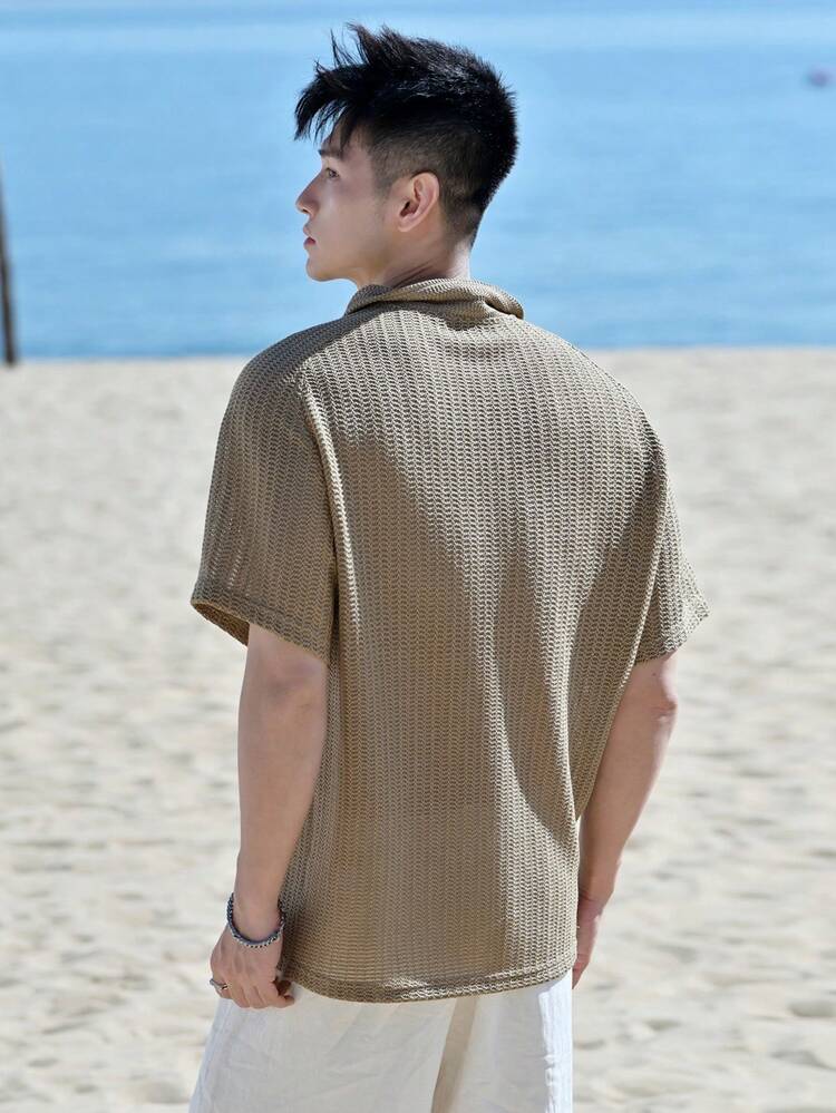 Men's Casual Summer Holiday Solid Color Textured Fabric Half-Zip Polo Shirt