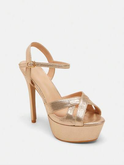 Glitzique 女士金屬質感防水台細跟踝帶魅力四射派對高跟涼鞋