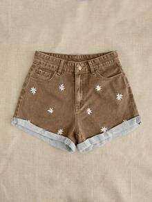 Breezaya 女士刺绣简约休闲牛仔短裤 - 卡其色 - 查看 5