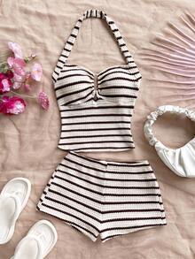 Soleia 女士度假条纹吊带上衣和短裤两件套 - 紅白色 - 查看 6