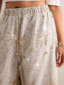 Freevana 大码亮片拼接弹力腰休闲裤 - 卡其色 - 查看 2