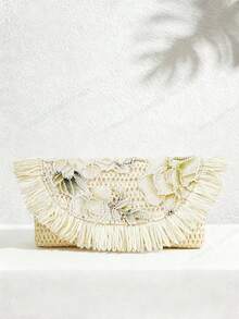 SHECARRY Túi xách cầm tay kiểu dáng thời trang nghỉ dưỡng dành cho nữ, chất liệu đính sequin và tua rua, trang trí đẹp mắt. - trắng - Xem 2