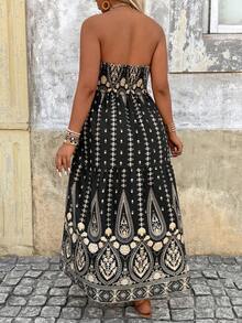 Breezaya Plus Size Women Vacation Plant Print Shirred Ruffle Hem Dress - Black - View 2