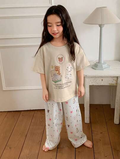 DAZY Young Girl Cartoon Print Short Sleeve Top And Striped Pants Pajama Set