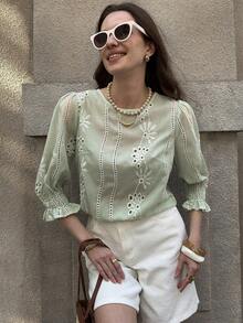 Solivie Women's Spring/Summer Embroidered Blouse, Green Top, Elegant For Vacation, Outings, Easter Summer Tops Summer Holiday Outfits - Mint Green - View 7