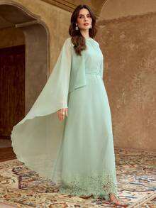 ZEYLAH Đầm dài ngang gối thanh lịch cổ tròn màu trơn dành cho nữ, kiểu dáng áo choàng. - màu xanh lá - Xem 5