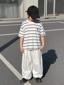 Mirajuku 1件青少年男童夏季休闲黑白条纹短袖T恤，经典配色，简约设计，宽松版型，百搭学生日常上衣 - 黑與白 - 查看 3