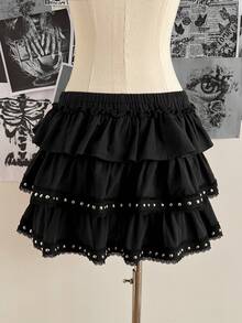 Attitoon Saia de Bolo Feminina com Três Camadas, Decoração de Rebite de Renda Estilo Vintage Casual, Forro Adequado para Vintage, Sexy, Fofo, Y2K, Coconut Girl, Boho, Oeste, Boêmio, Hippie, Festival de Música, Punk Retrô, Shibuya Gyaru - Preto - Visão 5